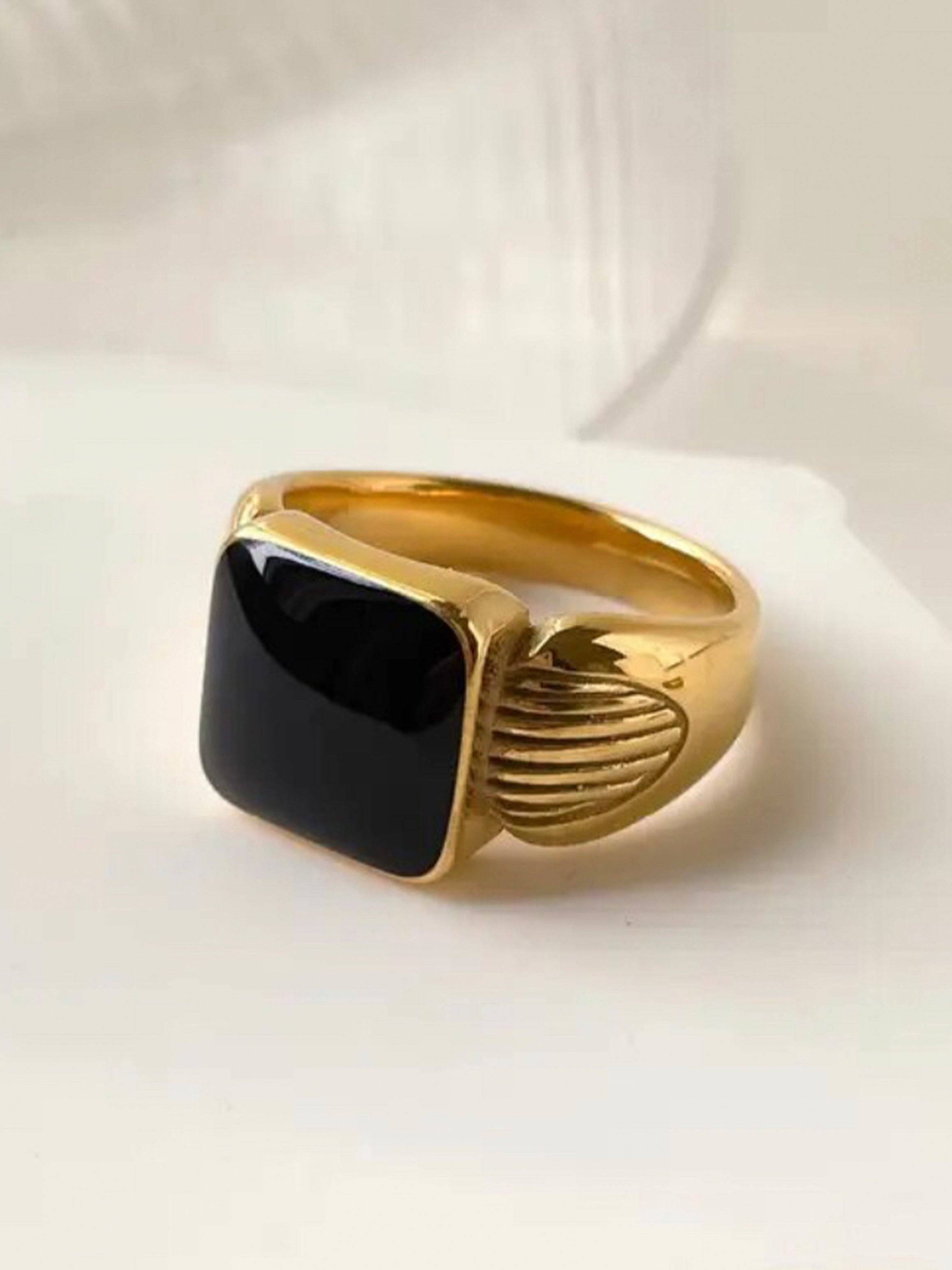 timeless jewellery  statement ring  ring  gold rings uk  gold ring  gold jewellery uk  gold diamond ring  gold cigar ring  gold chunky ring  cigar rings uk  chunky ring  black stone  black ring  rectangular ring  Statement gold ring  Chunky gold ring