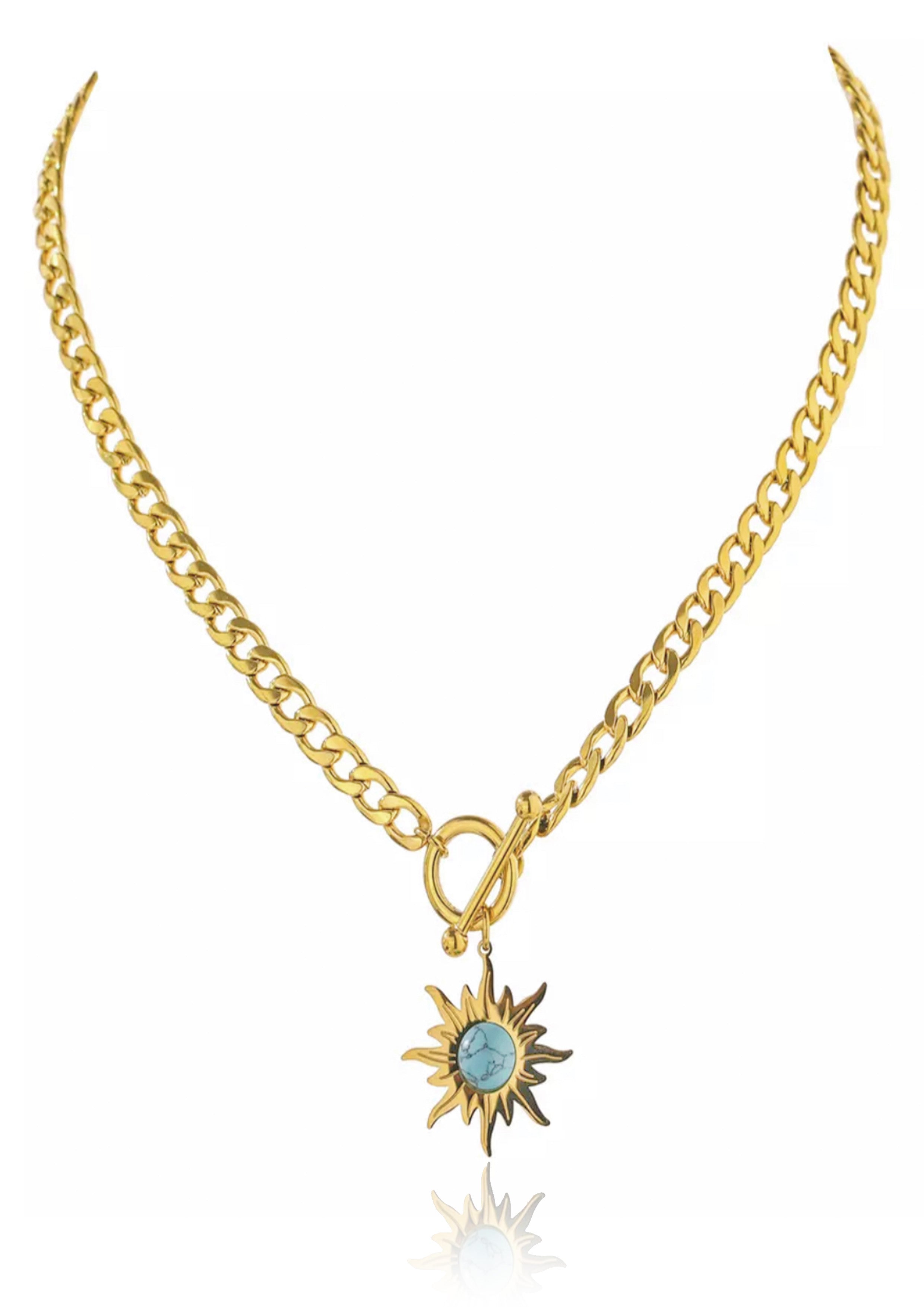 celestial necklace  sun pendant  sun necklace  turquoise crystal  chain choker  chunky chain  gold chain necklace  gold chunky chain  sale